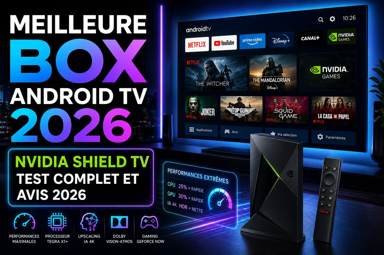 NVIDIA Shield TV posée devant un téléviseur Android TV — test 2026